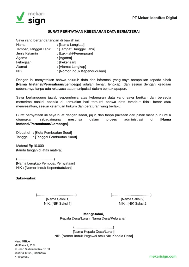 Contoh Surat Pernyataan Kebenaran Data Bermaterai - Mekari Sign
