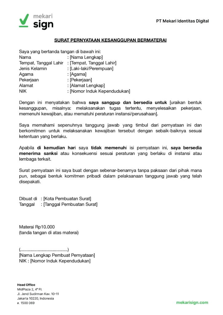 Contoh Surat Pernyataan Kesanggupan Bermaterai - Mekari Sign