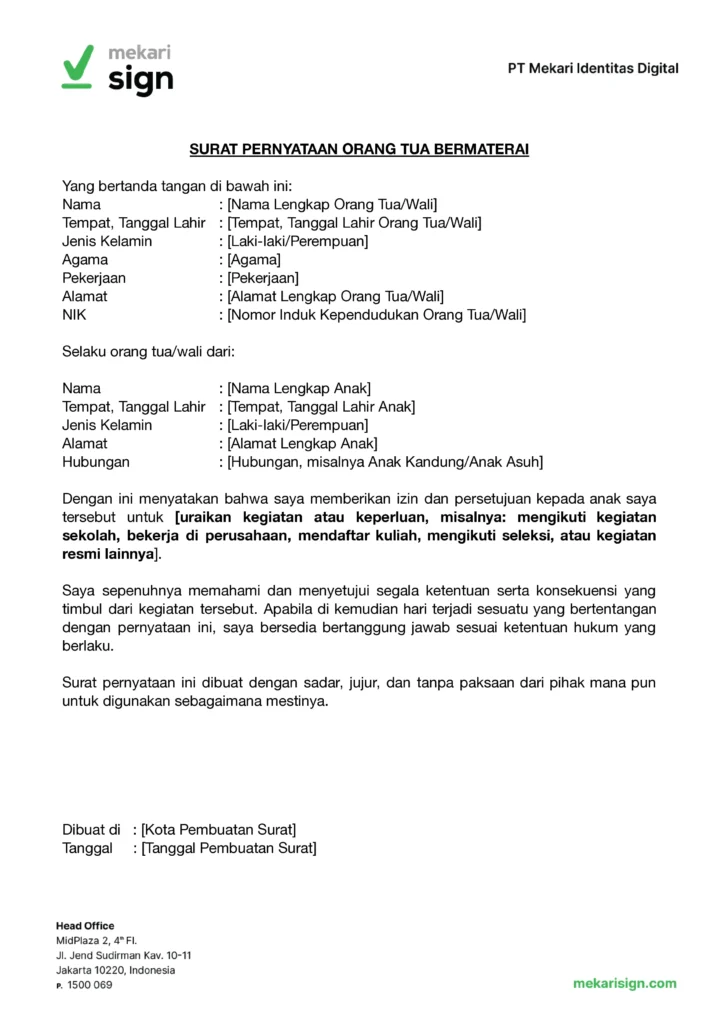 Contoh Surat Pernyataan Orang Tua Bermaterai - Mekari Sign