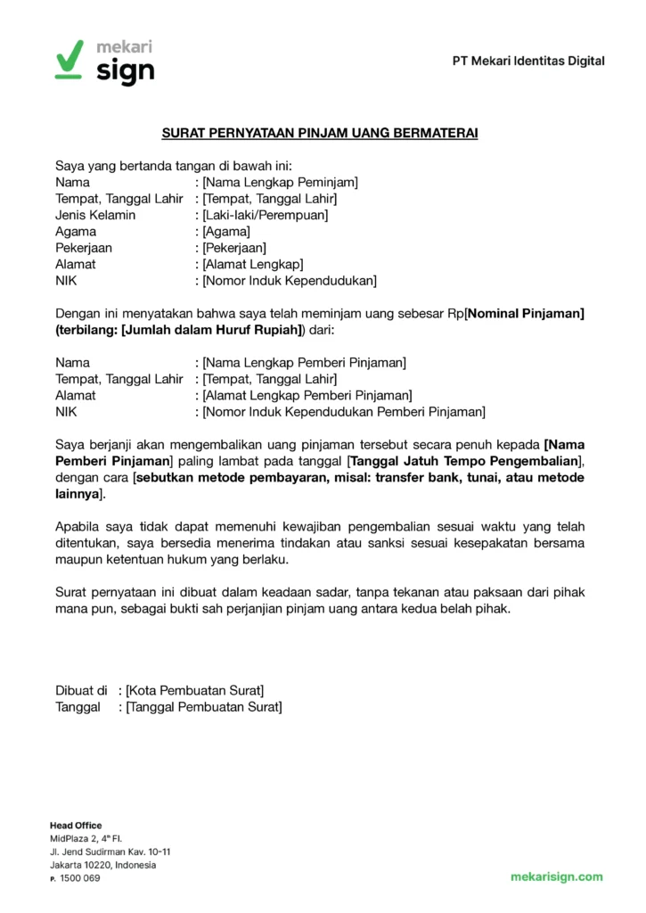 Contoh Surat Pernyataan Pinjam Uang Bermaterai - Mekari Sign
