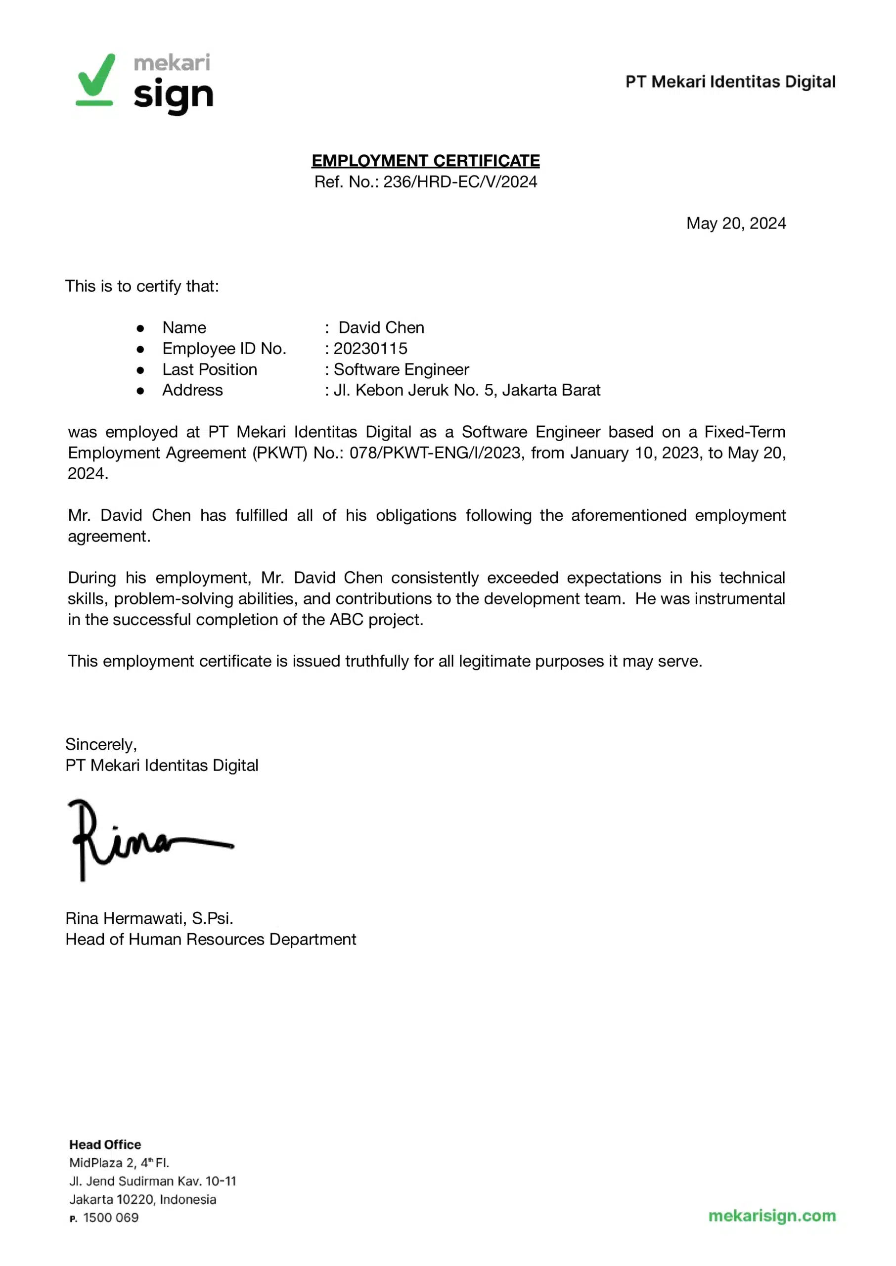 Contoh Paklaring Bahasa Inggris - Mekari Sign