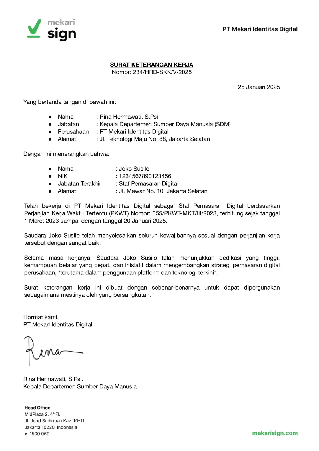 Contoh Paklaring Habis Kontrak (PKWT)