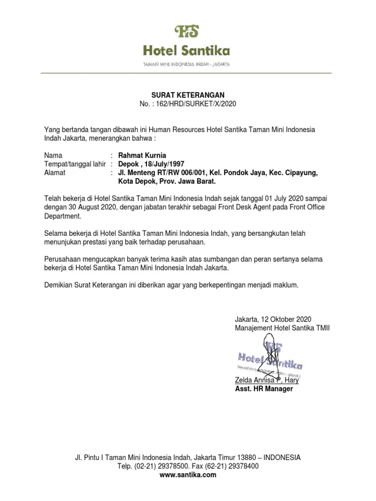 Contoh Paklaring Hotel