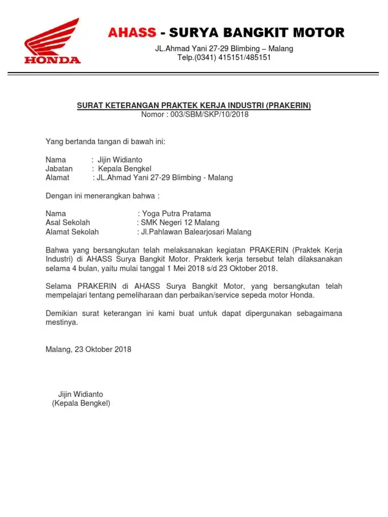 Contoh Paklaring Magang