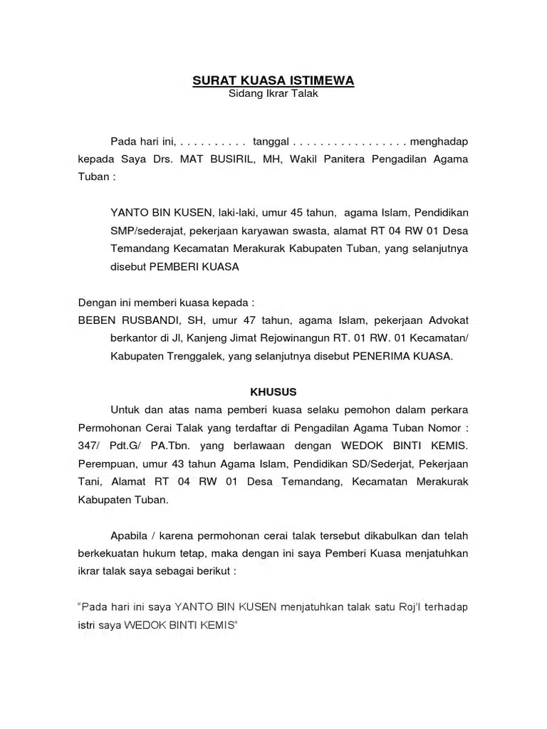 Contoh Surat Kuasa Ikrar Talak