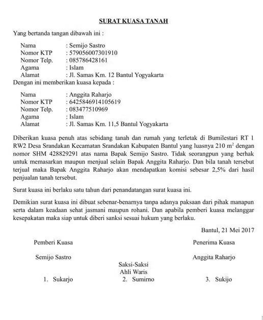 Contoh Surat Kuasa Perantara Tanah