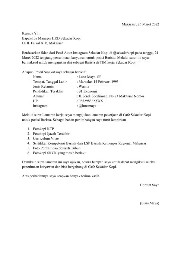 Contoh Surat Lamaran Kerja barista
