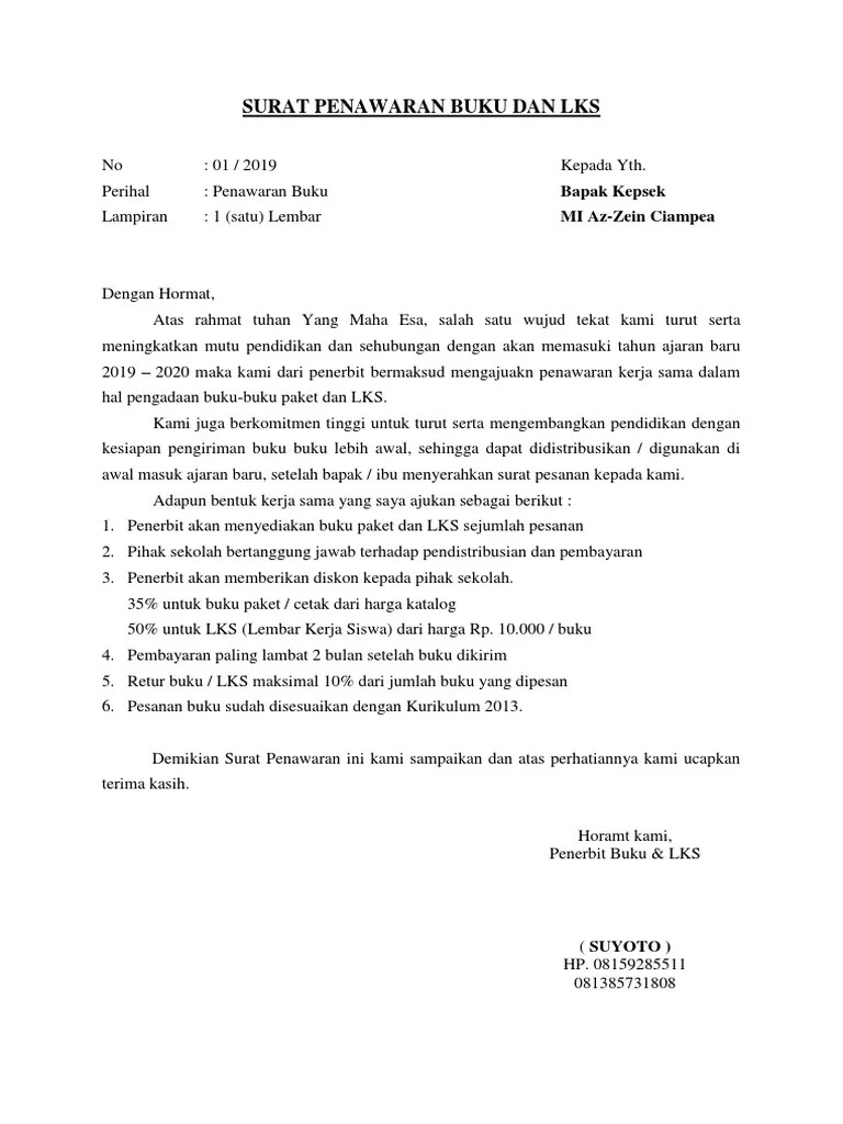 Contoh Surat Penawaran Buku Sekolah