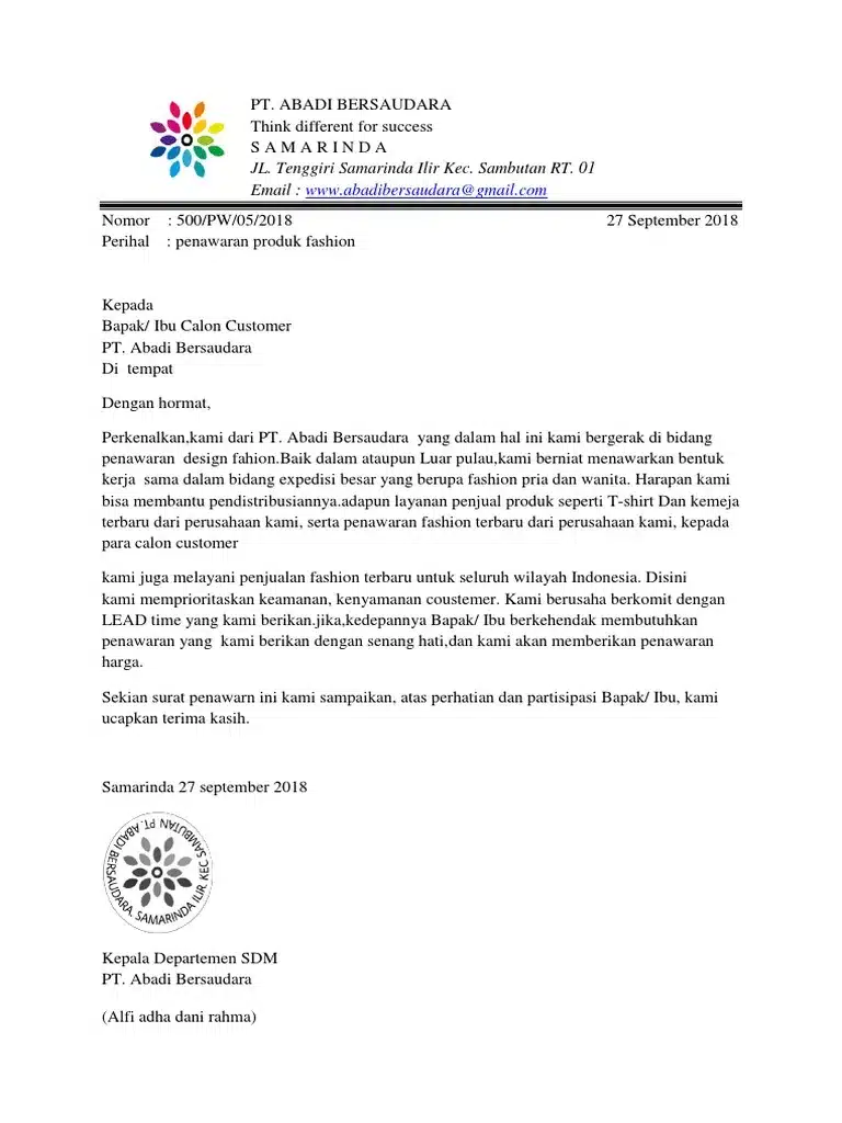 Contoh Surat Penawaran Fashion