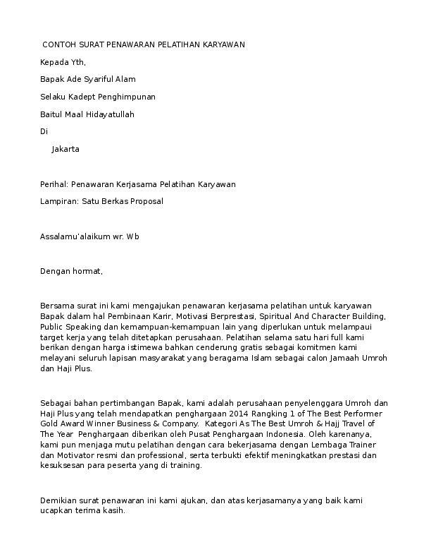 Contoh Surat Penawaran Jasa Pelatihan