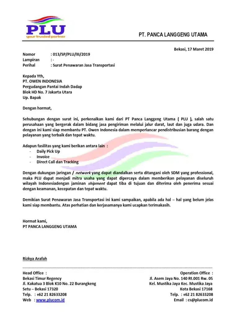 Contoh Surat Penawaran Jasa Transportasi