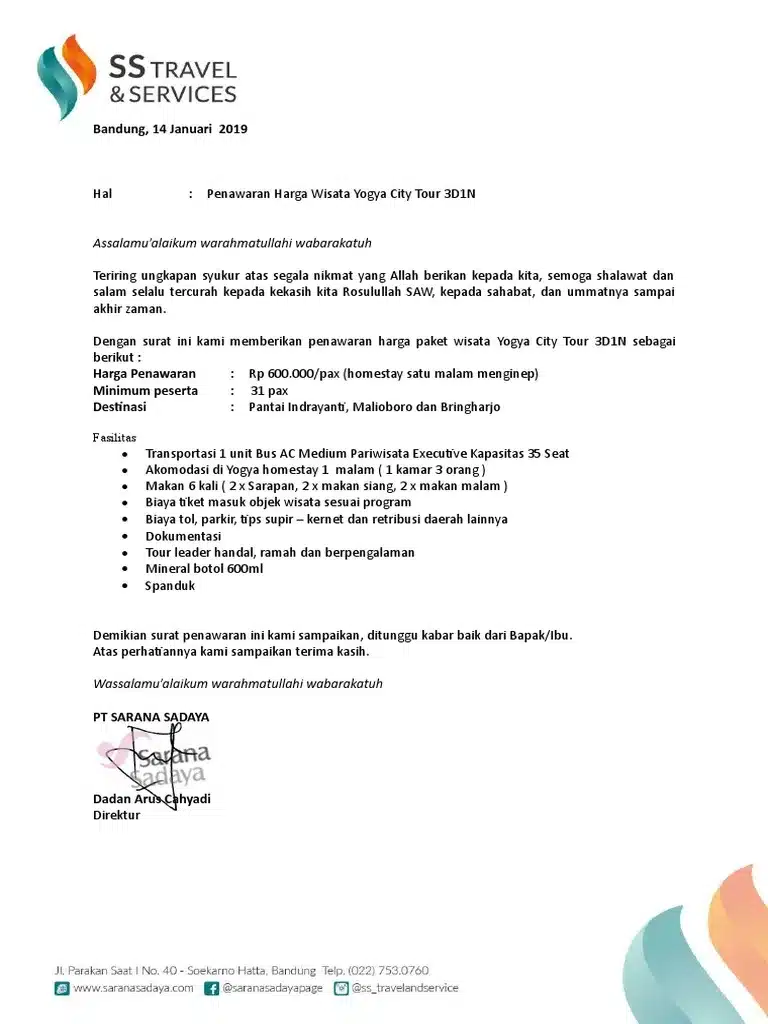 Contoh Surat Penawaran Paket Wisata