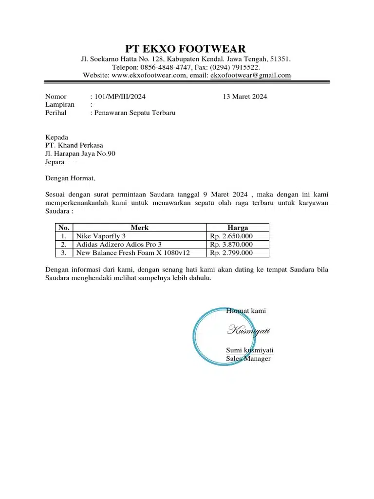 Contoh Surat Penawaran Sepatu