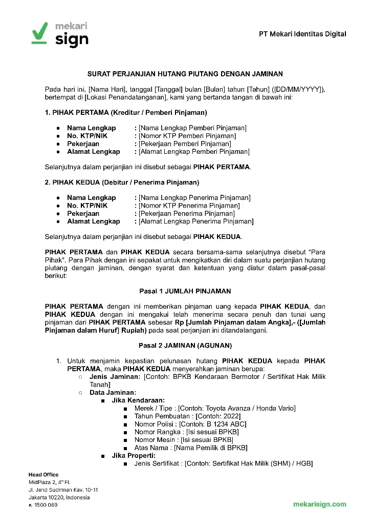 Contoh Surat Perjanjian Hutang dengan Jaminan