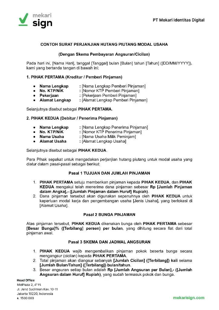 Contoh Surat Perjanjian Utang Piutang Modal Usaha