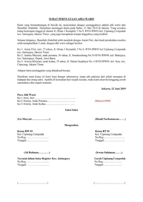 Contoh Surat Pernyataan Ahli Waris 6