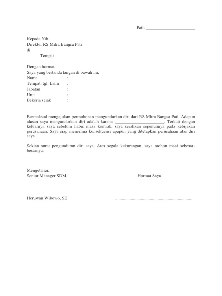 Contoh Surat Resign Jelang Habis Kontrak