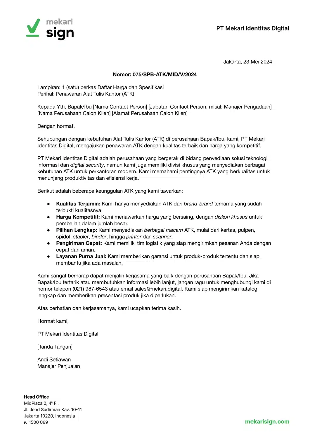 Detail Contoh Surat Penawaran Barang & Jasa - Mekari Sign