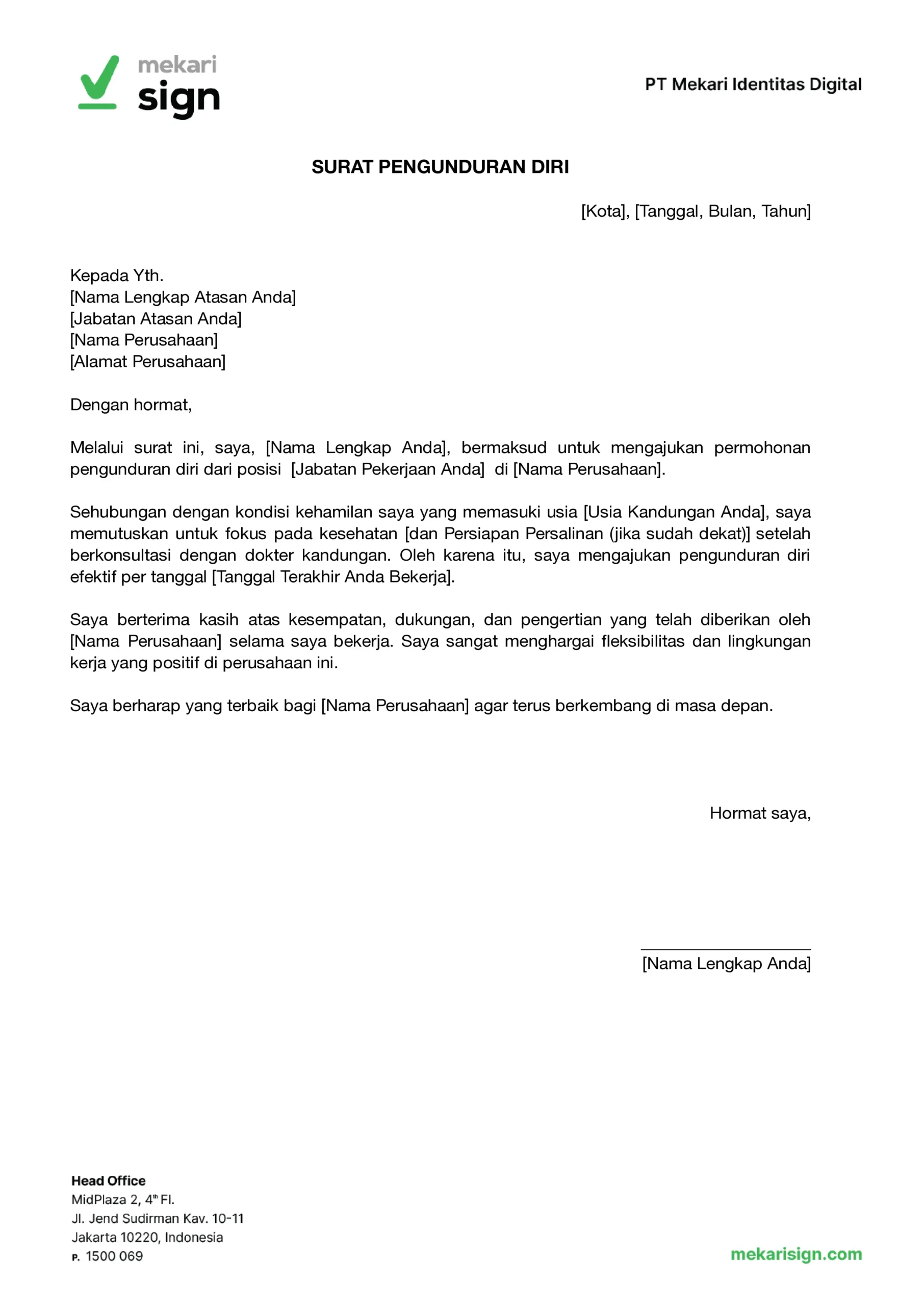 contoh surat pengunduran diri karena hamil