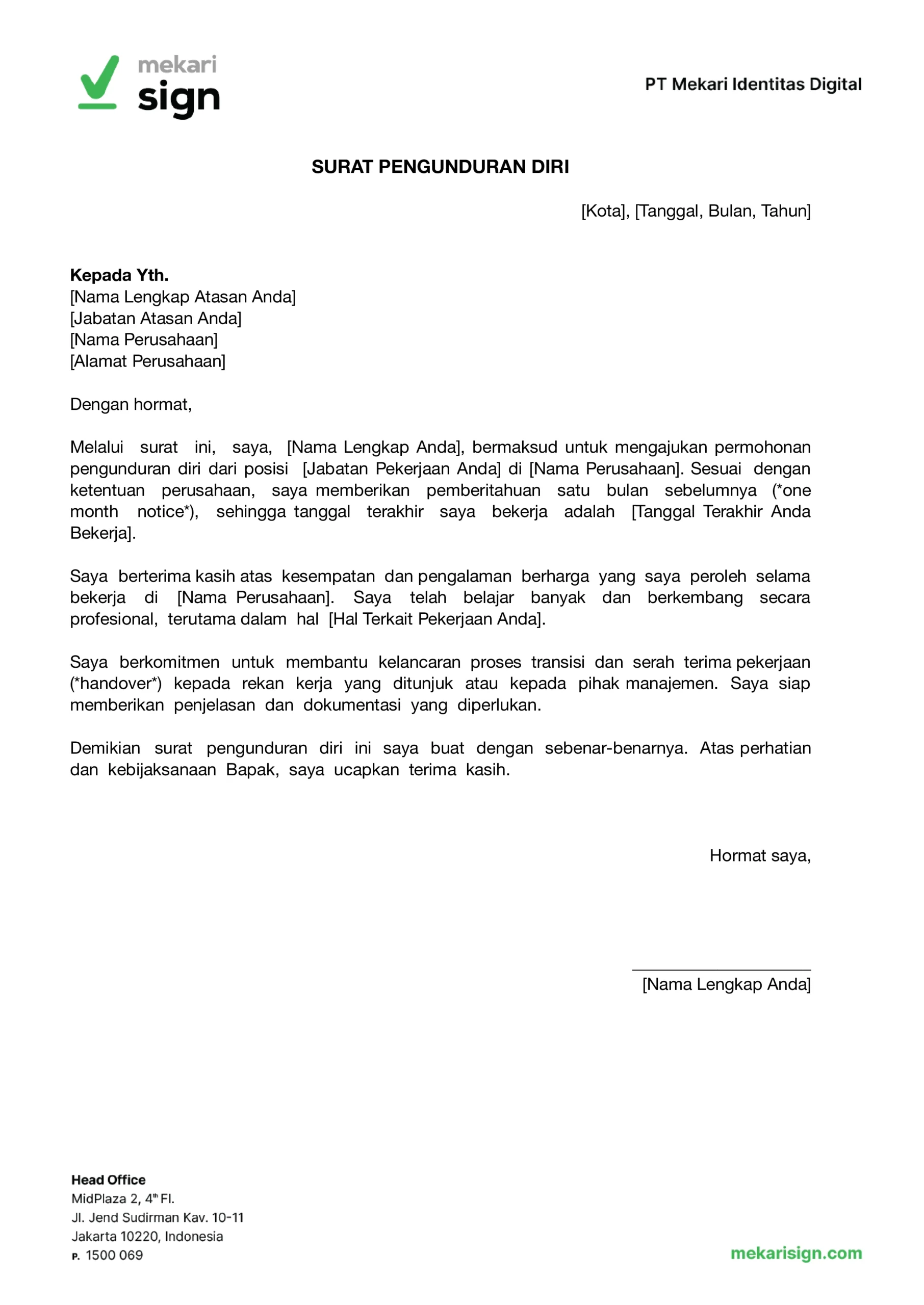 contoh surat pengunduran diri kerja karyawan atau resignation letter one month notice