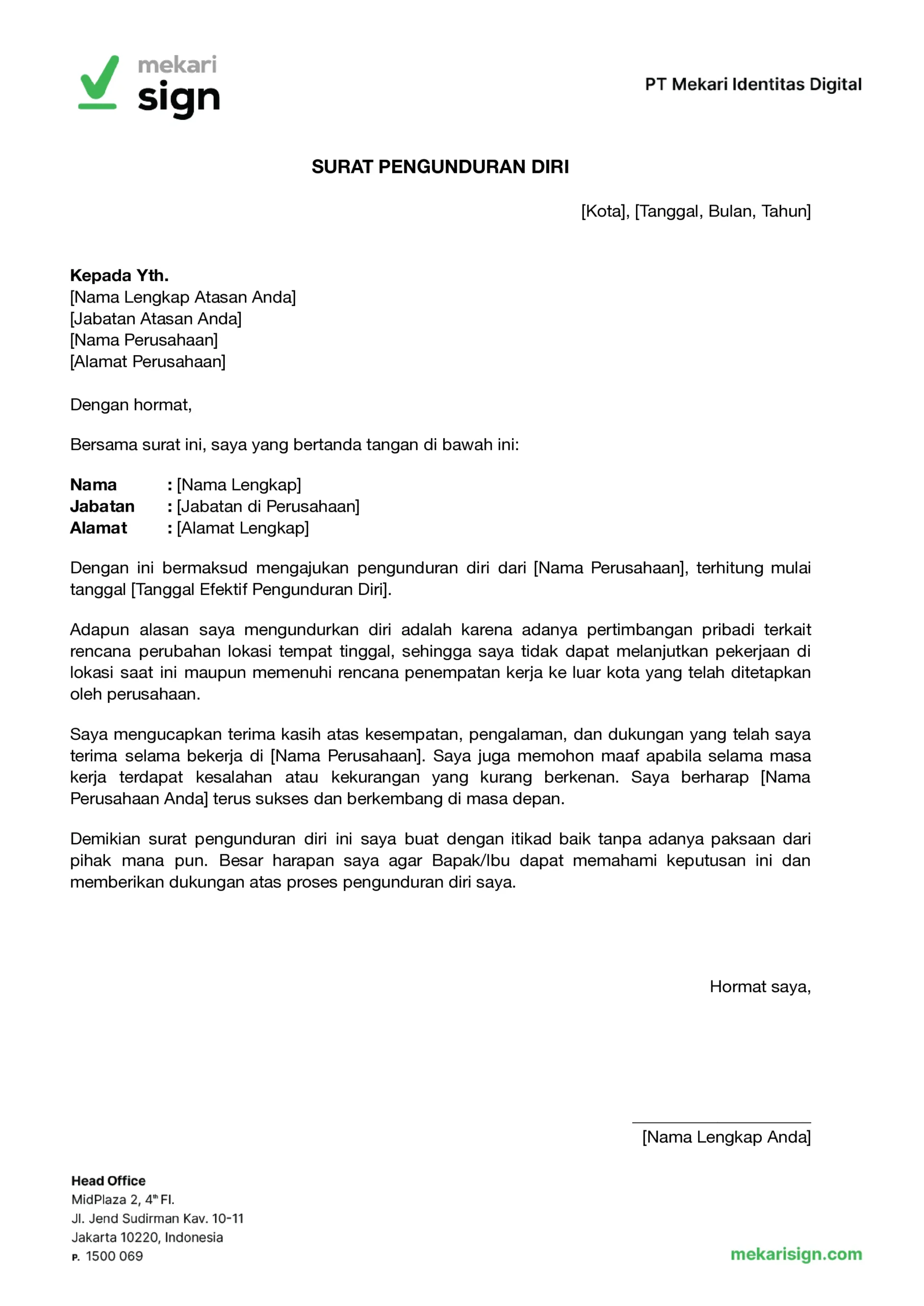 contoh surat pengunduran diri atau resign dari kerja karena menolak mutasi atau akan pindah kota