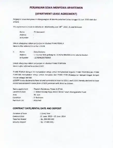 contoh Surat Perjanjian Sewa Apartemen