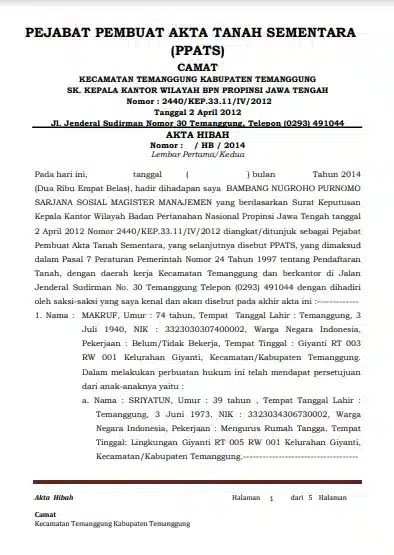 Contoh Akta Hibah Halaman Pertama