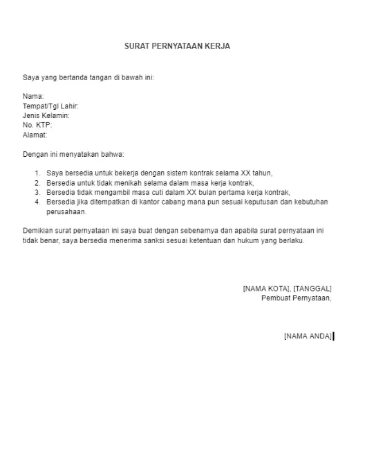 Contoh Pernyataan Kerja Kontrak