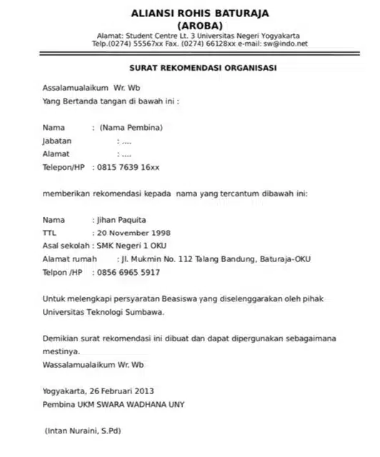 Contoh Rekomendasi Organisasi