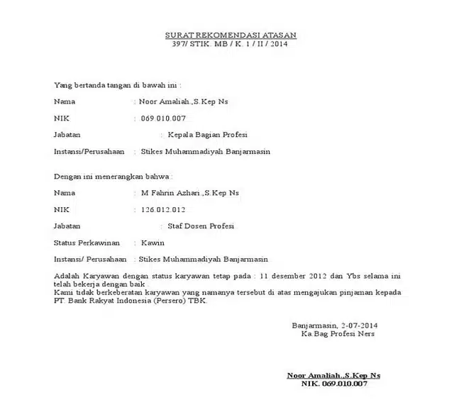 Contoh Rekomendasi dari Atasan