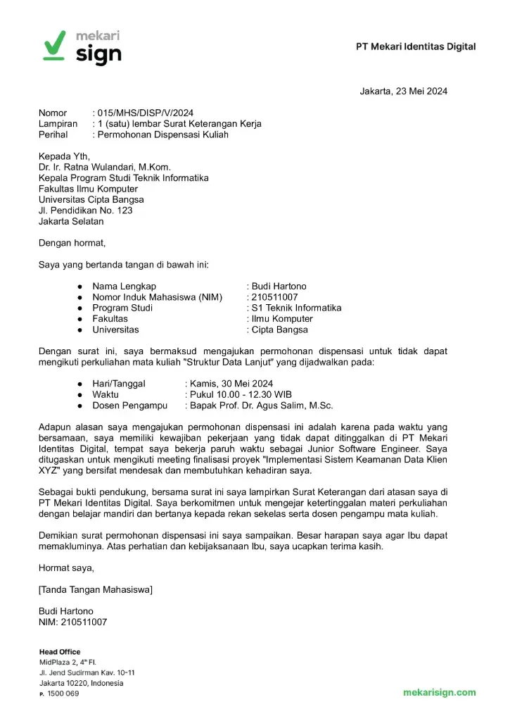 Contoh Surat Dispensasi Kuliah karena Kerja