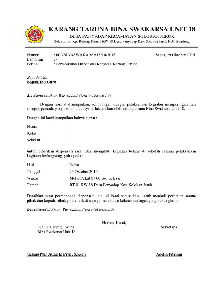 Contoh Surat Dispensasi Organisasi Karang Taruna