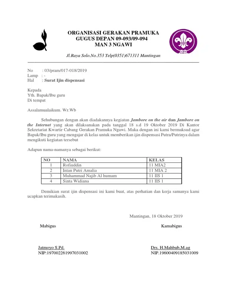 Contoh Surat Dispensasi Sekolah untuk Kegiatan Pramuka