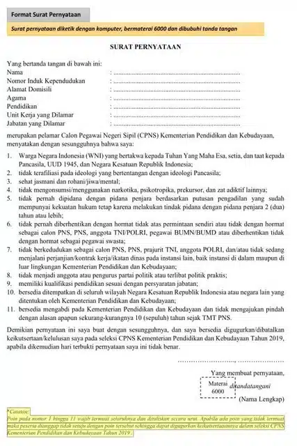 Contoh Surat Pernyataan Kerja CPNS