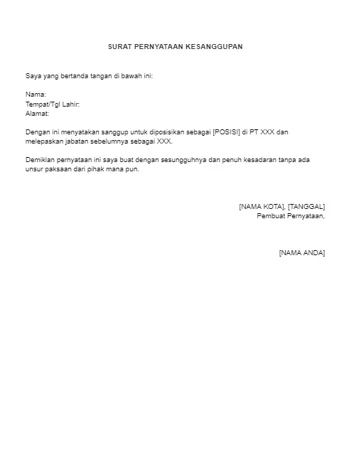 Contoh Surat Pernyataan Kesanggupan Kerja