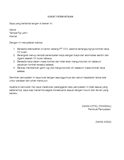 Contoh Surat Pernyataan Penempatan Kerja
