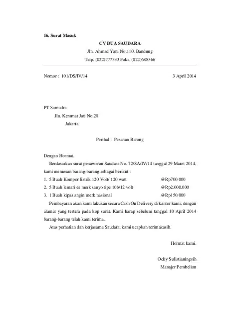 Contoh Surat Pesanan Barang Elektronik 3