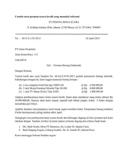 Contoh Surat Pesanan Barang Elektronik