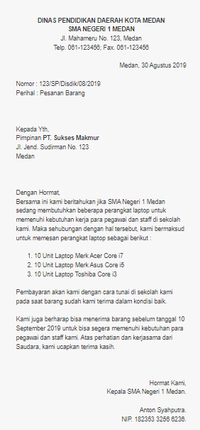 Contoh Surat Pesanan Barang Sekolah 2