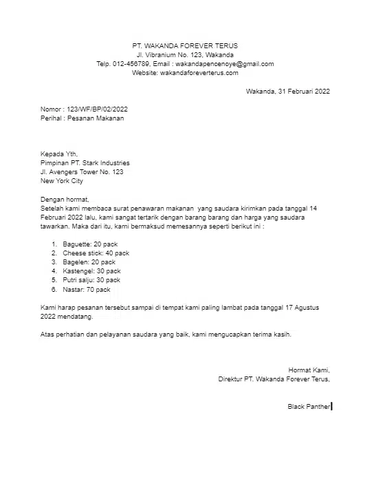 Contoh Surat Pesanan Makanan 2