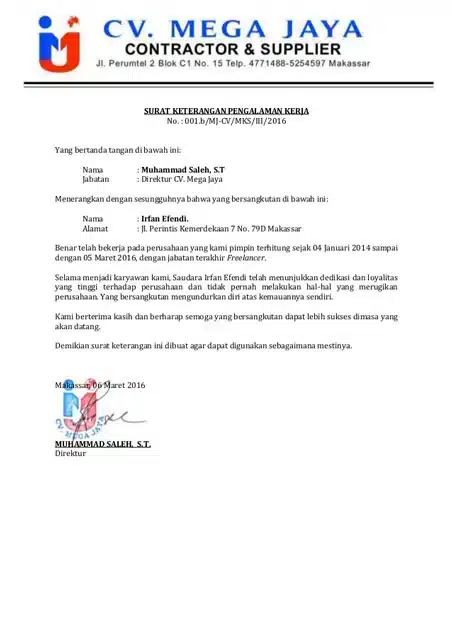 Contoh Surat Referensi Kerja untuk Freelance