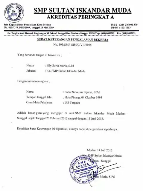 Contoh Surat Referensi Kerja untuk Guru