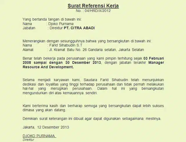 Contoh Surat Referensi Kerja untuk Melamar Pekerjaan
