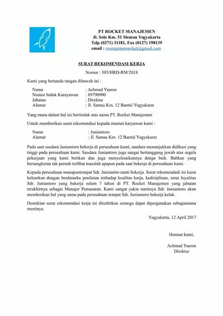 Contoh Surat Rekomendasi Kerja 1