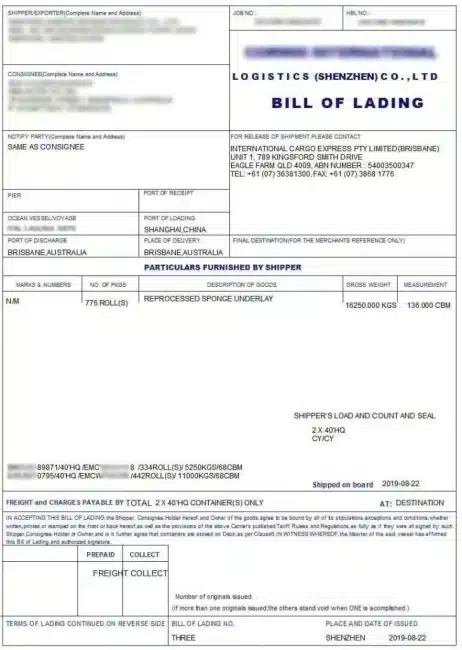 Contoh Bill of Lading 2