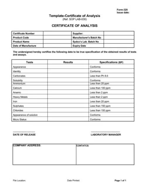 Contoh Template Certificate of Analysis