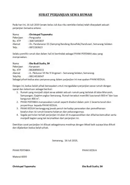 Contoh Kontrak Sewa Rumah