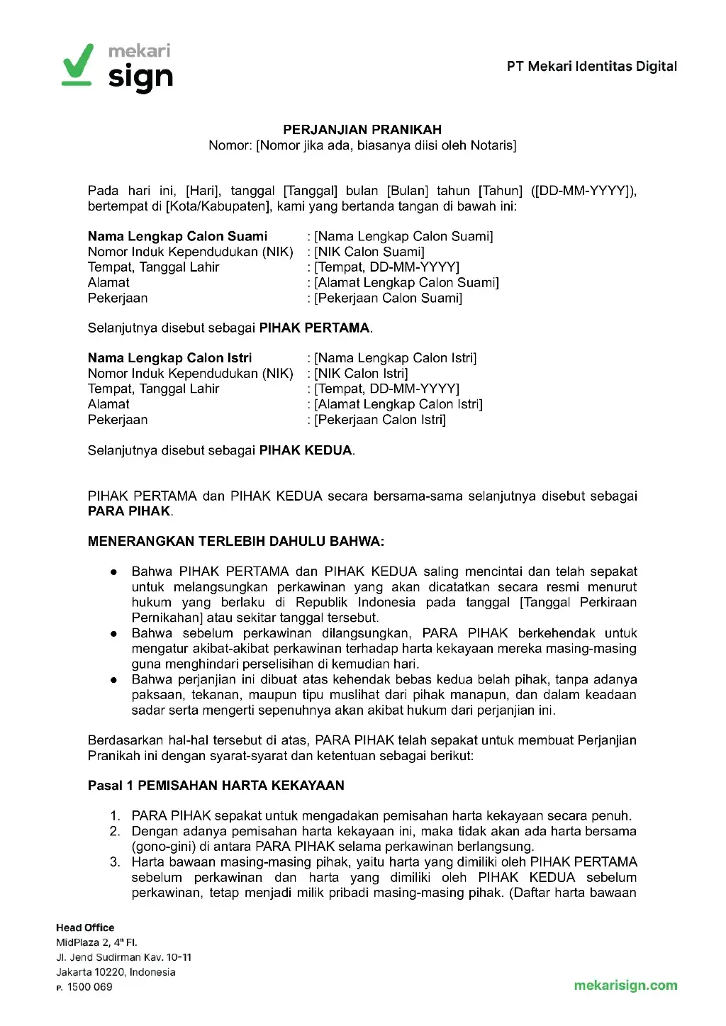 Contoh Perjanjian Pra Nikah