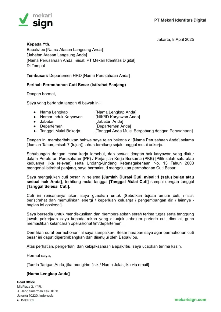 Contoh Surat Izin Cuti Besar