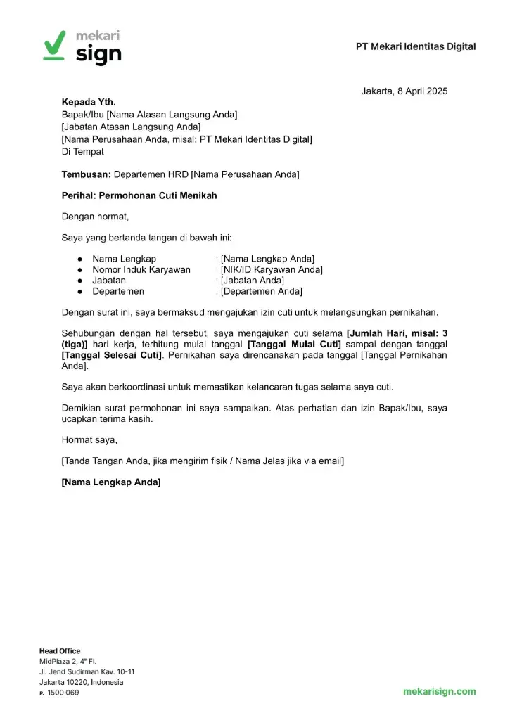 Contoh Surat Cuti Menikah